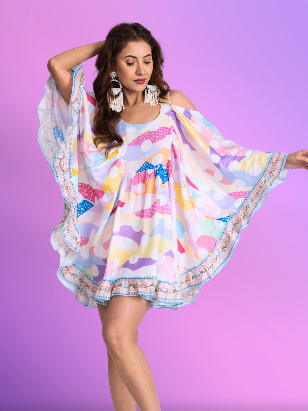Women's Cotton Cold-Shoulder Kaftan Dress Pastel Polka