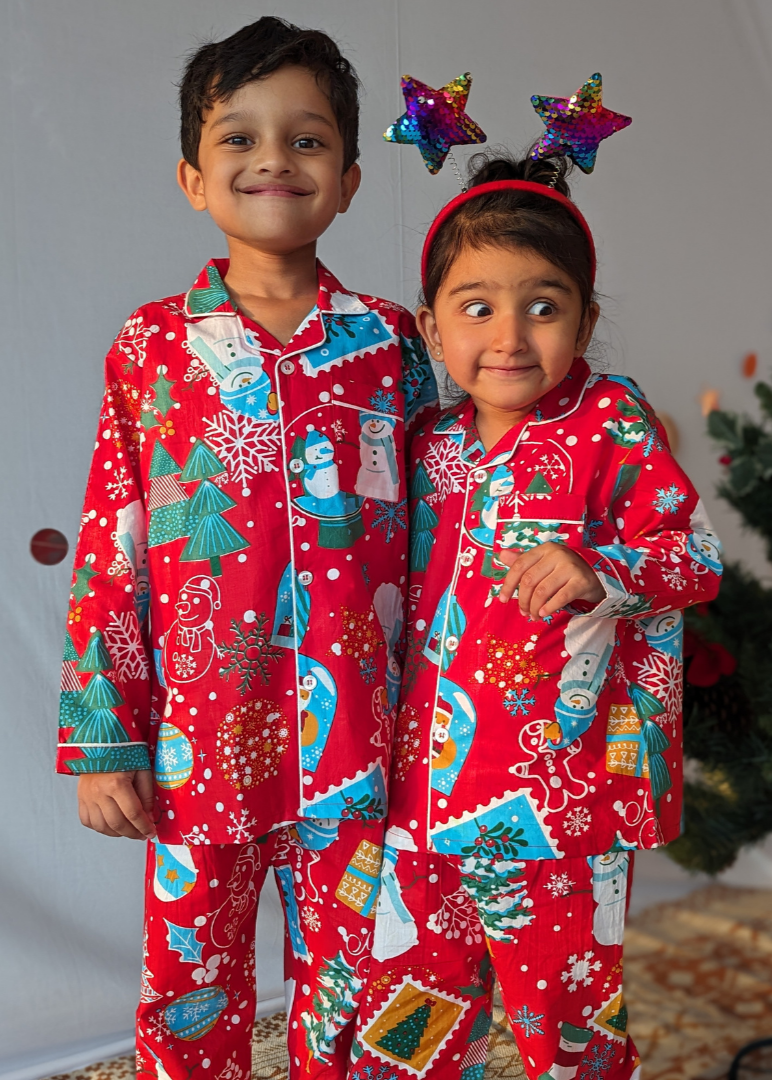 Cotton Night Suit for Kids Jingle Bells Red