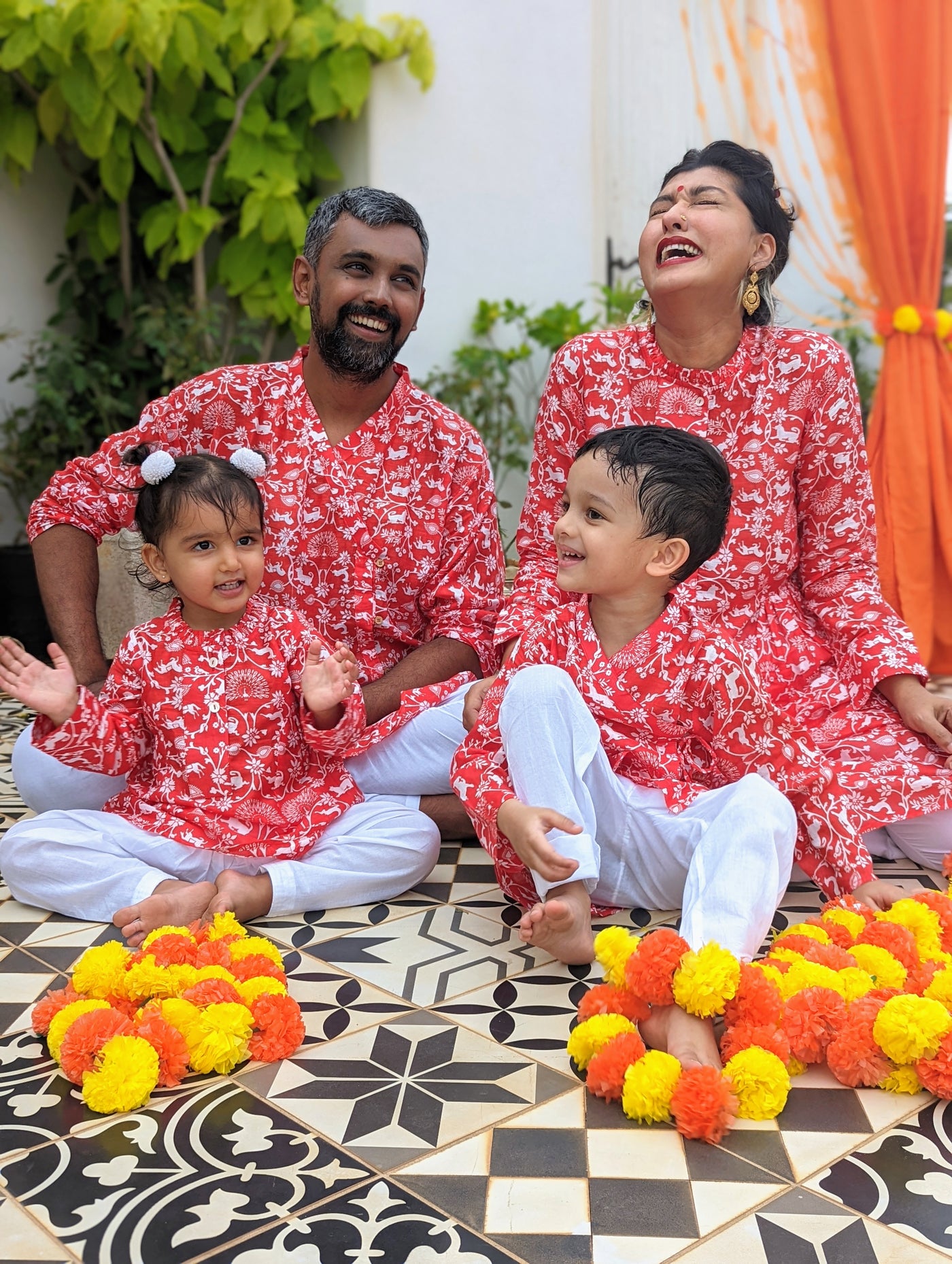 family twinning matching in festive red cotton kurta 