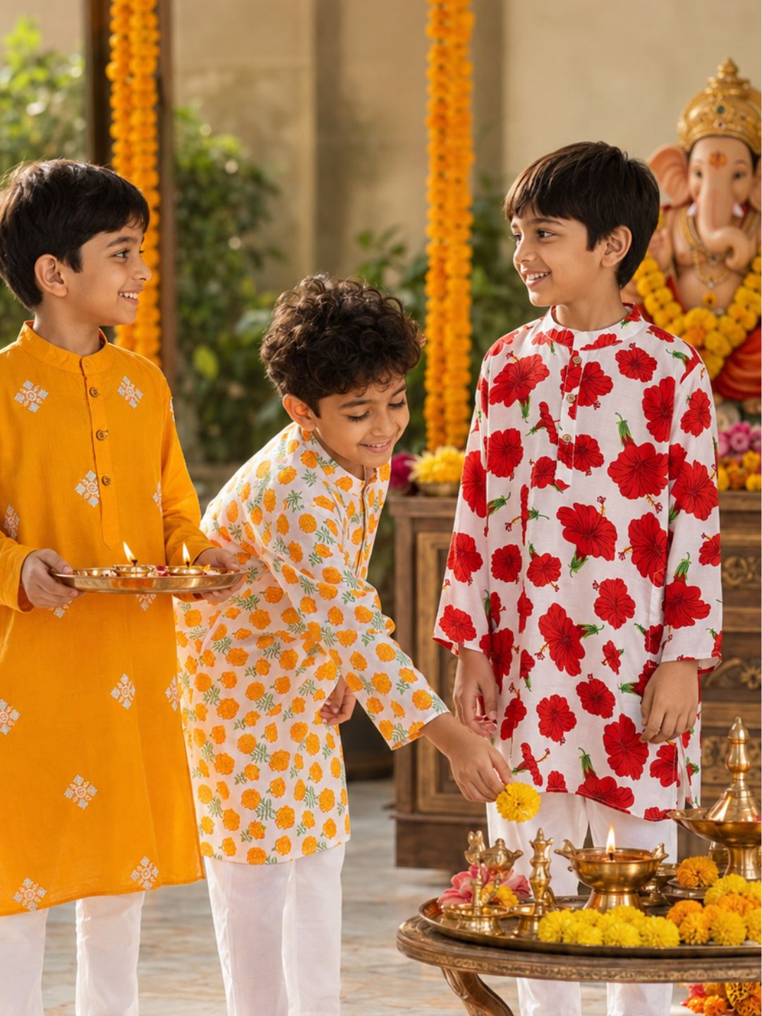 Man and child in matching twinning yellow kurtas standing in front of a decorative door.