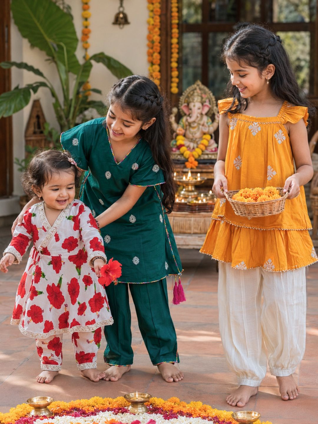 ethnic silk and cotton malmal outfits for girls for ganesh chaturthi, in ganpati's favourite colours 