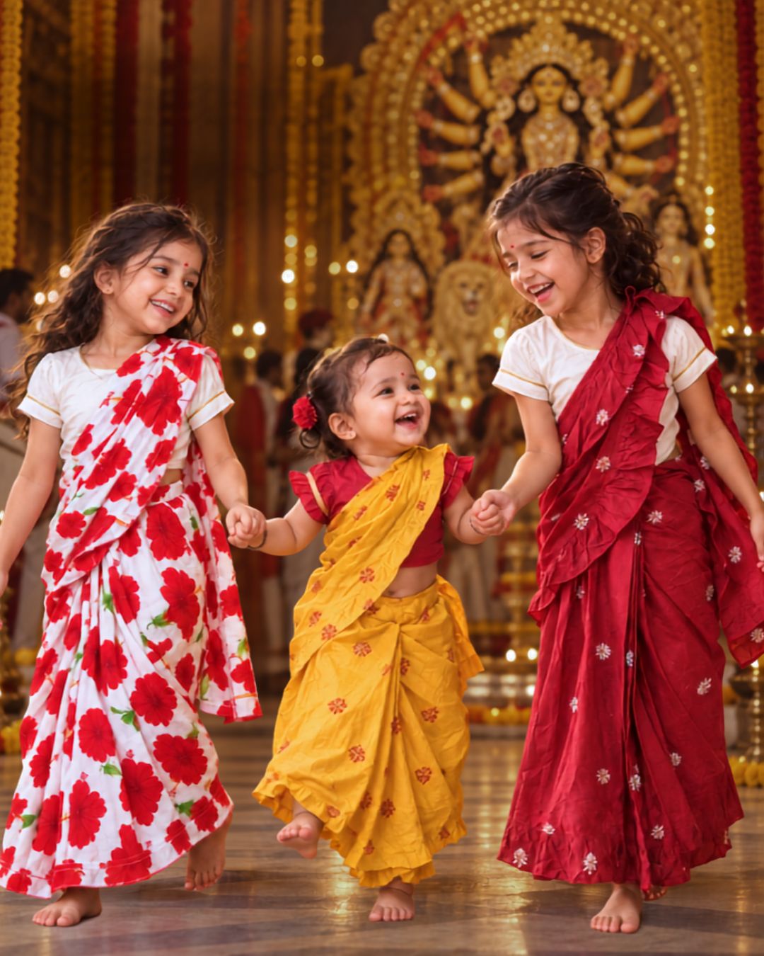 silk and cotton prestitched sarees for little girls for durga puja celebrations. pujo shopping for pandal hopping
