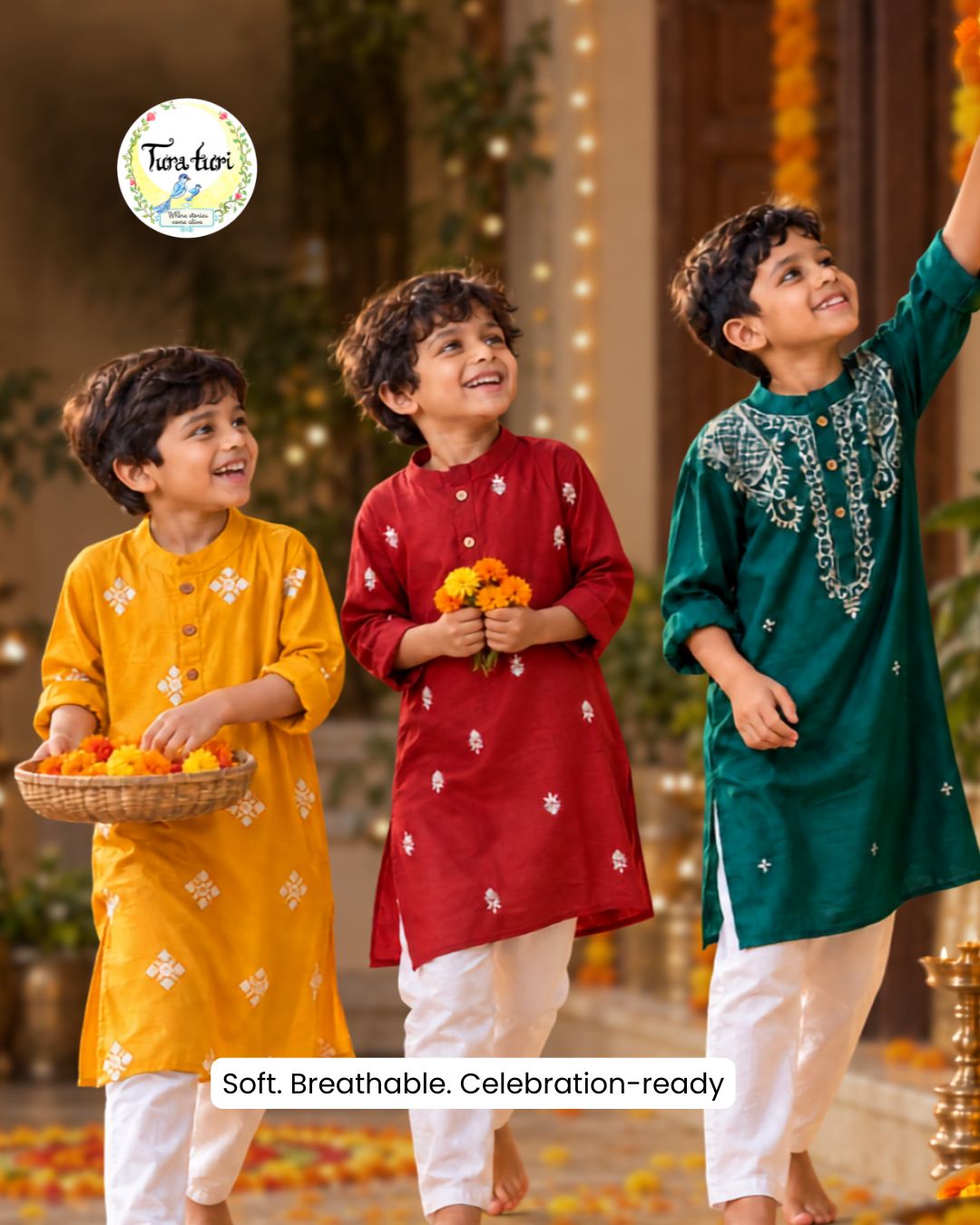 festive wear kurtas in silk and cotton, vibrant colours, printed and embroidered, for boys and men