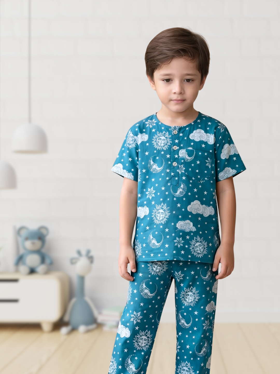 Blue cotton kids pajama set in soft malmal fabric, comfortable nightwear for summer