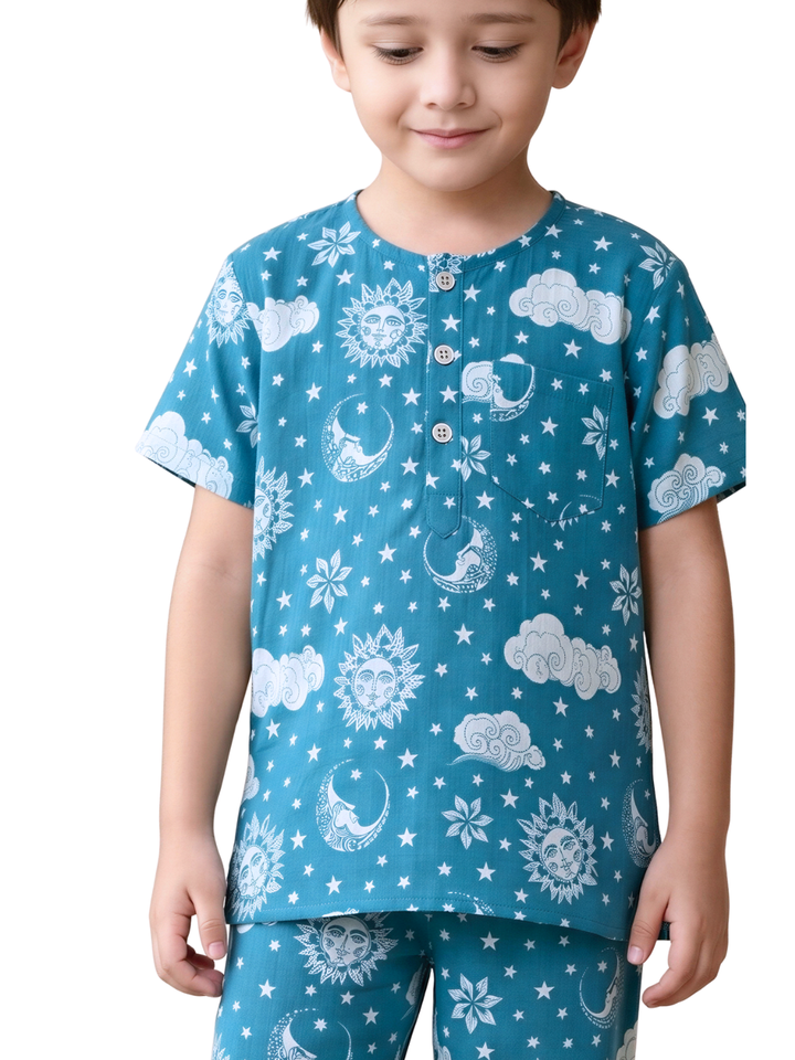 Unisex blue cotton malmal nightsuit for kids, lightweight breathable sleepwear