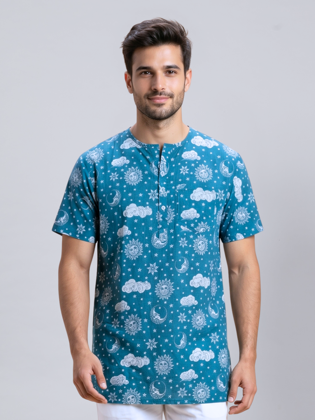 Blue cotton malmal men’s nightsuit with Bengali photua inspired short sleeve top