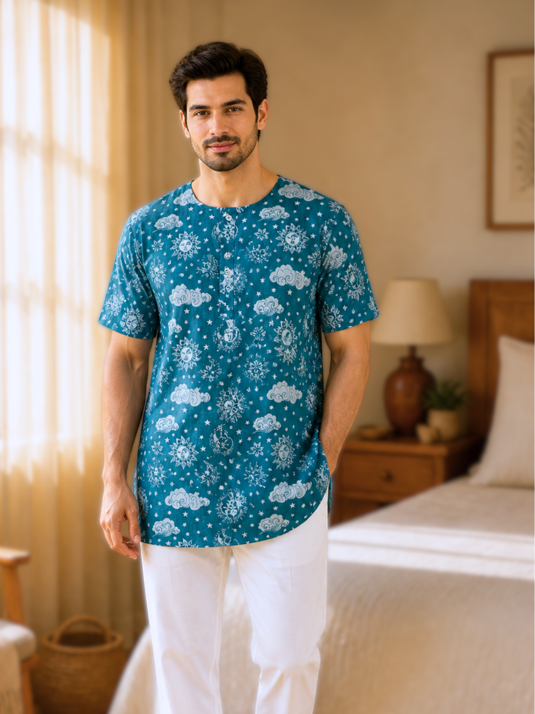 Blue cotton malmal men’s pajama set with short sleeve short kurta top for summer