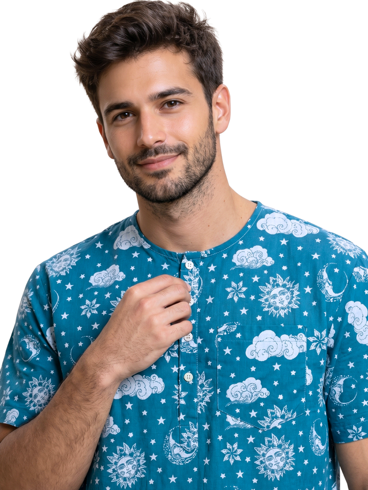 Soft blue cotton malmal men’s nightsuit with short sleeve kurta top and relaxed fit. no collar, round neck