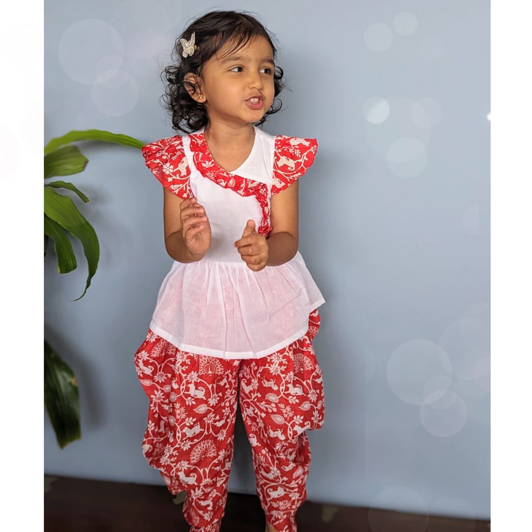 SAKA DESIGNS Girls Fuchsia Floral Printed Pleated Kurti with Dhoti Pants -  Absolutely Desi