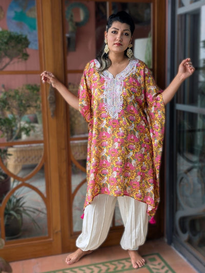 Embroidered Viscose Silk Kaftan with Afghan Pants | Kamala