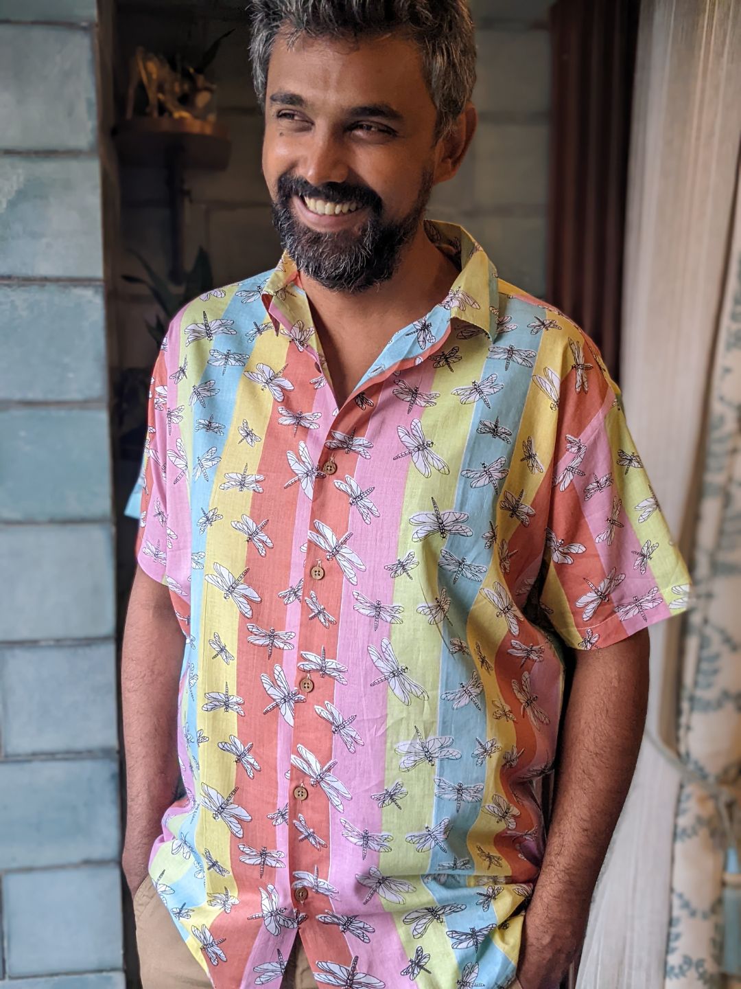 Dragonfly print men’s cotton shirt – breathable insect motif shirt