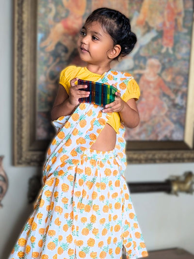 Prestitched Malmal Saree for Girls | Marigold