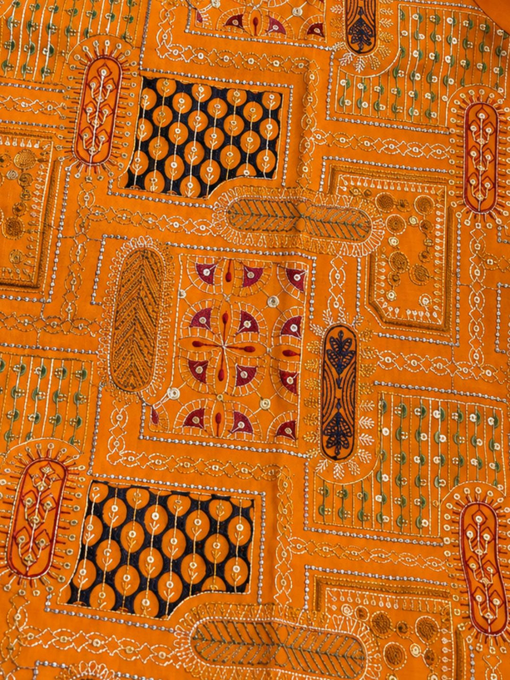 Orange Utsav cupro silk kurta with Mandarin collar, asymmetrical buttoned crossover front and wide multicolour embroidered panel – photo 3 – Tura Turi