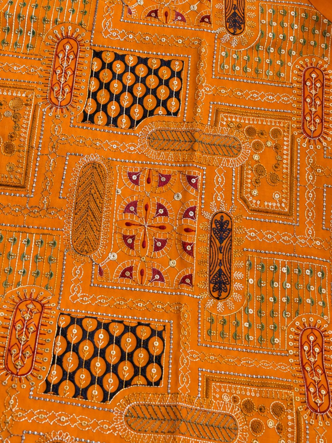 Orange Utsav cupro silk kurta with Mandarin collar, asymmetrical buttoned crossover front and wide multicolour embroidered panel – photo 3 – Tura Turi