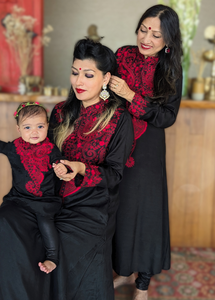 Black &amp; Red Embroidered Viscose Silk Kurta with Churidar, Girls &amp; Women