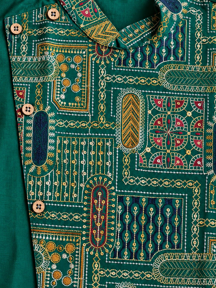 Green Embroidered Side Open Asymmetrical Silk Kurta for Boys, Men | Utsav