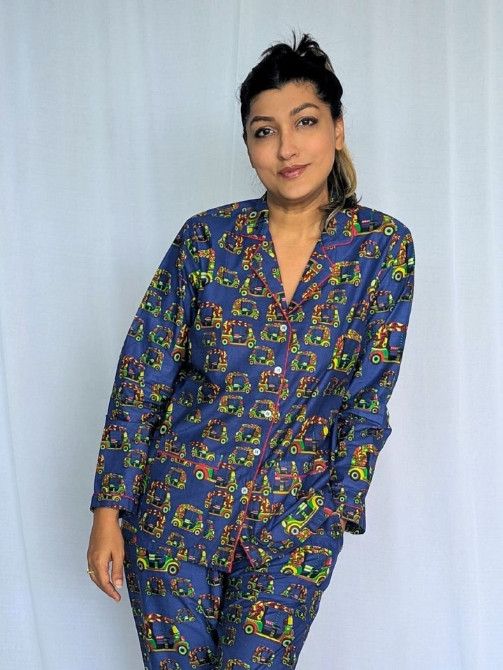 Autorickshaw print women’s cotton night suit – quirky loungewear by Tura Turi