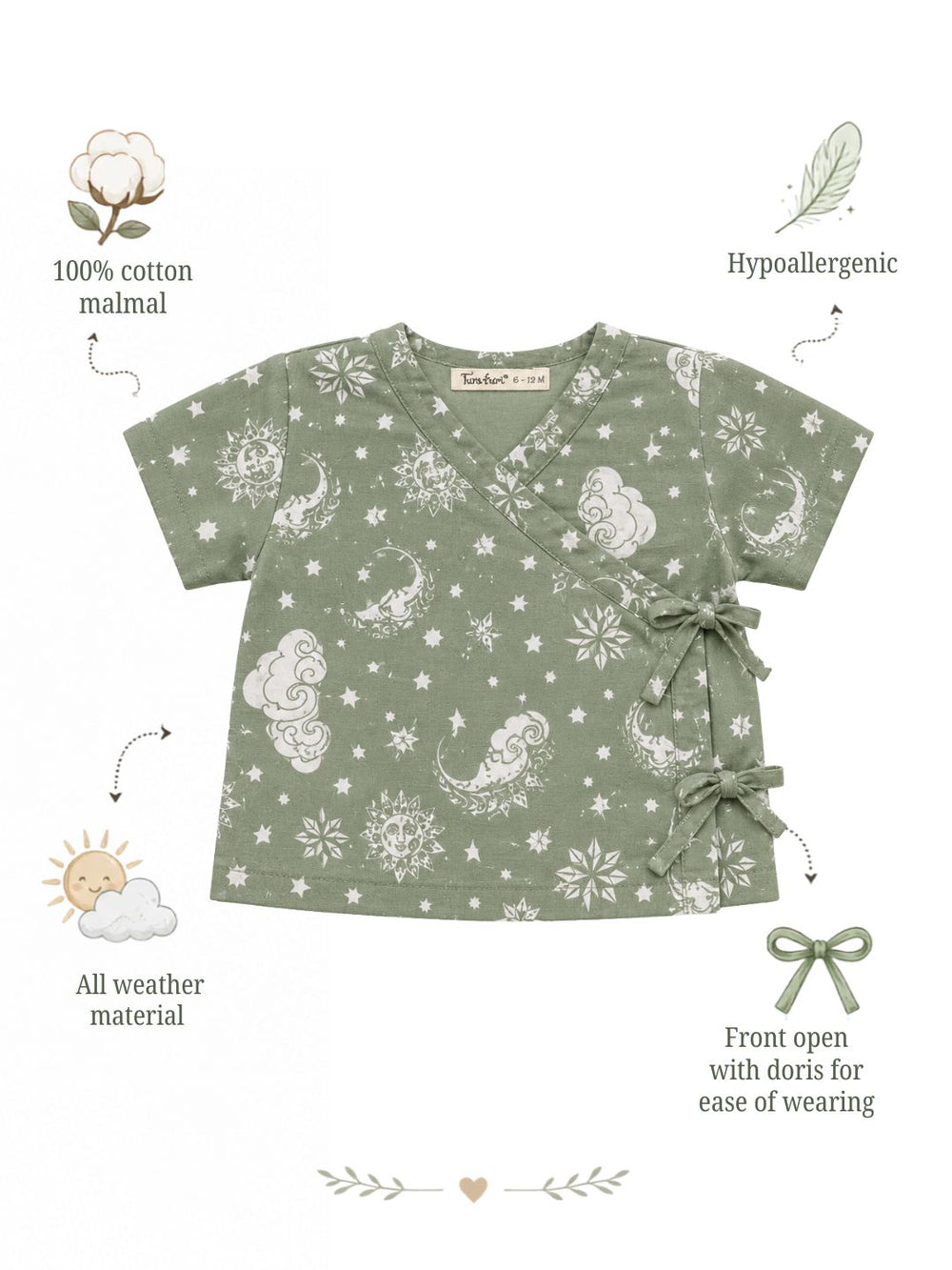 Nayantaara Sage Green print cotton muslin baby jhabla, tie-up angrakha newborn top – Tura Turi
