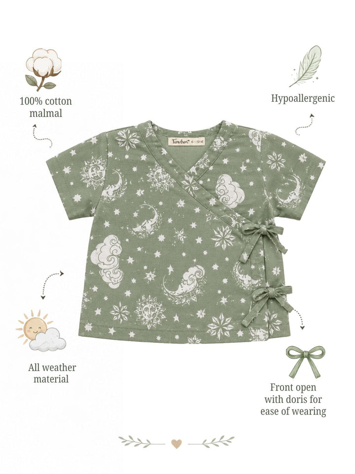 Nayantaara Sage Green print cotton muslin baby jhabla, tie-up angrakha newborn top – Tura Turi