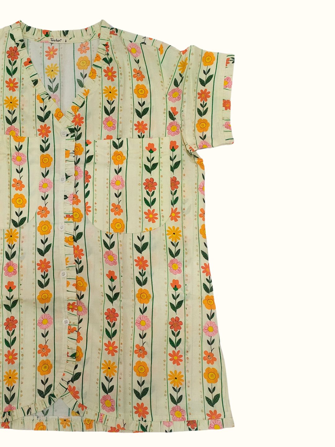 Floral patterned front button cotton night dress on a white background