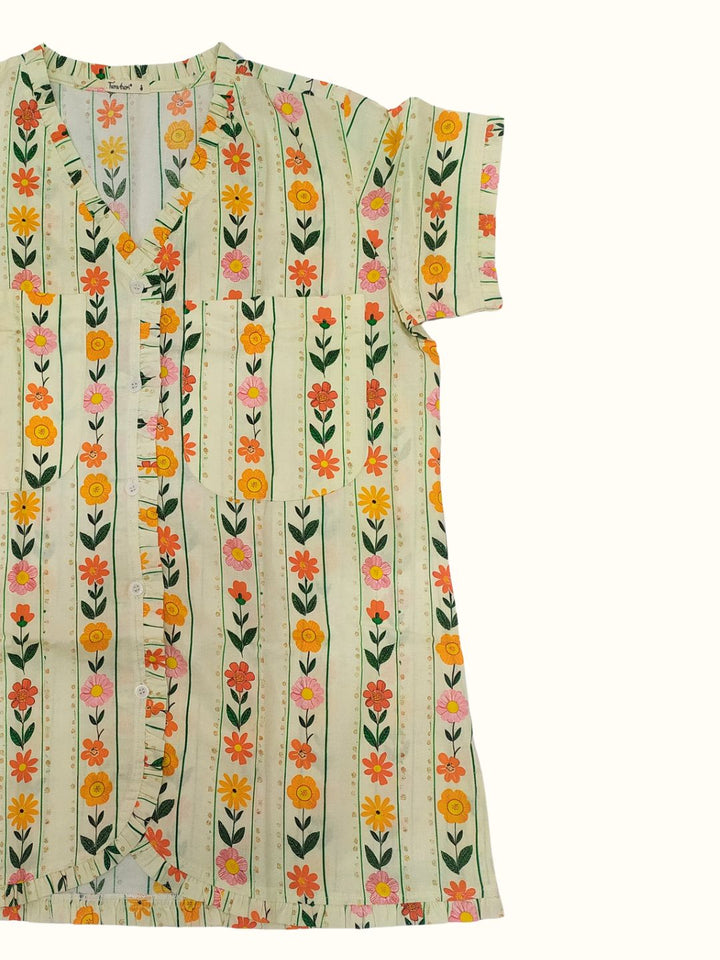 Floral patterned front button cotton night dress on a white background