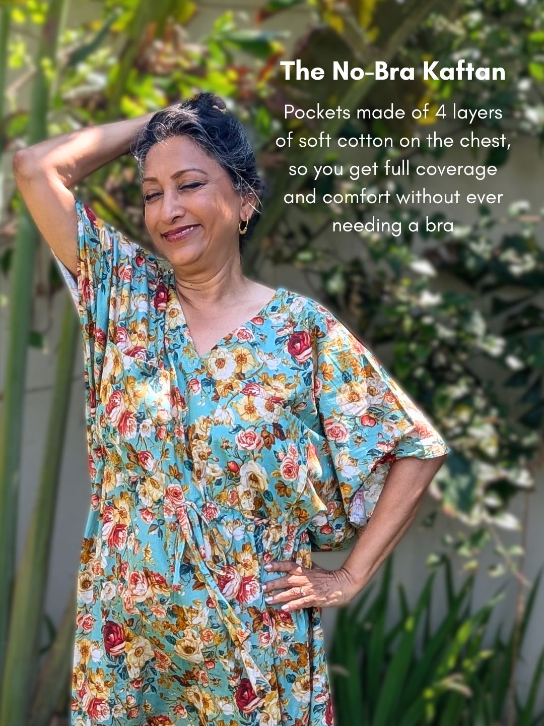 Woman wearing a floral No-Bra Kaffan with text describing its features.