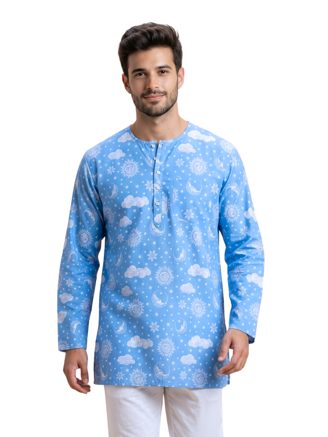 Blue cotton malmal men’s nightsuit with long sleeve round neck kurta top, breathable sleepwear