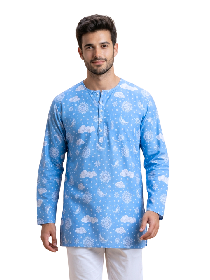 Blue cotton malmal men’s nightsuit with long sleeve round neck kurta top, breathable sleepwear