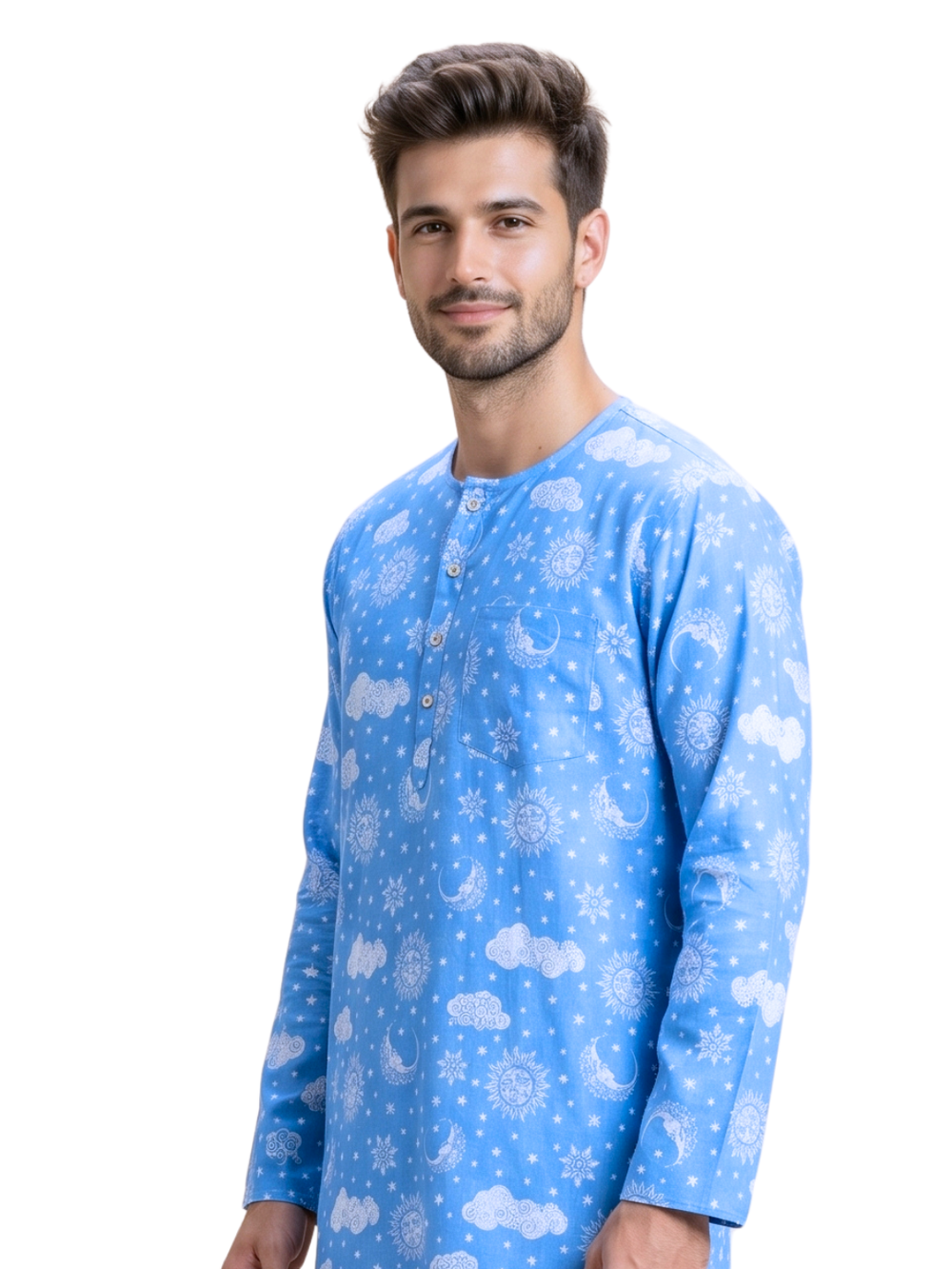 Men’s blue cotton malmal nightsuit with long sleeve photua inspired kurta top
