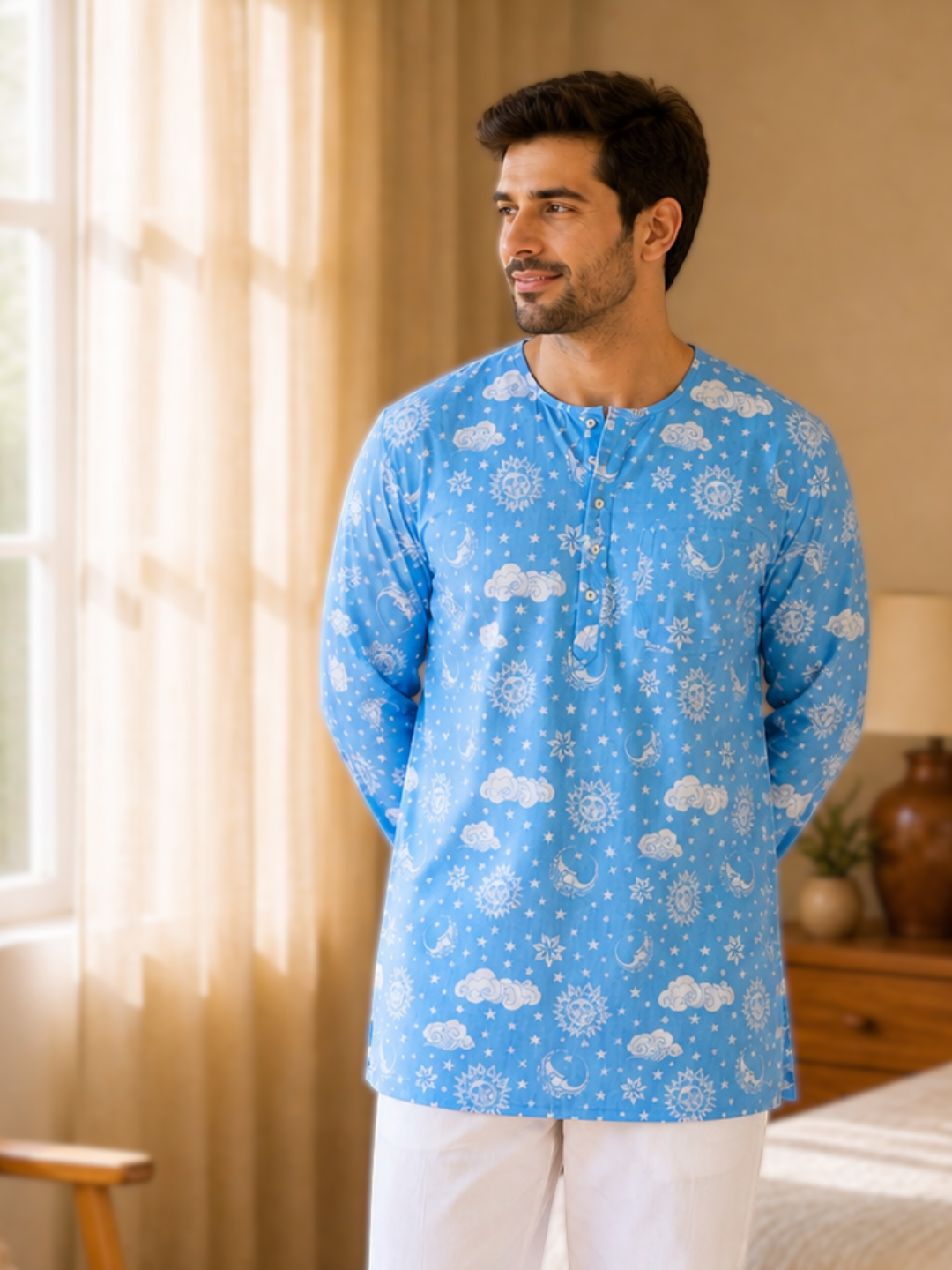 Blue cotton malmal men’s pajama set with long sleeve short kurta top for nightwear
