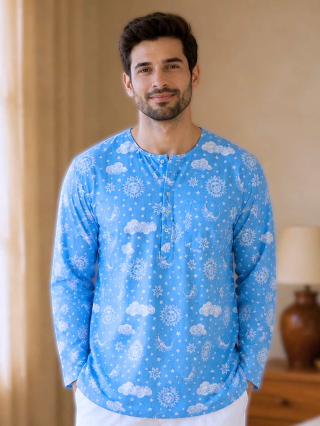 Soft blue cotton malmal men’s nightwear with long sleeve kurta top and relaxed fit

