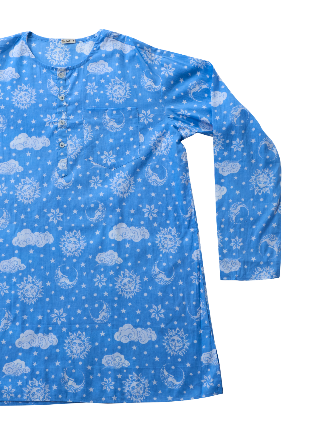 Blue cotton malmal men’s nightsuit with Bengali photua inspired long sleeve top