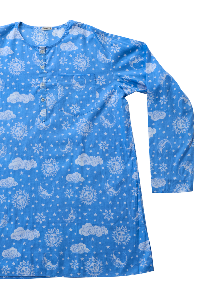 Blue cotton malmal men’s nightsuit with Bengali photua inspired long sleeve top