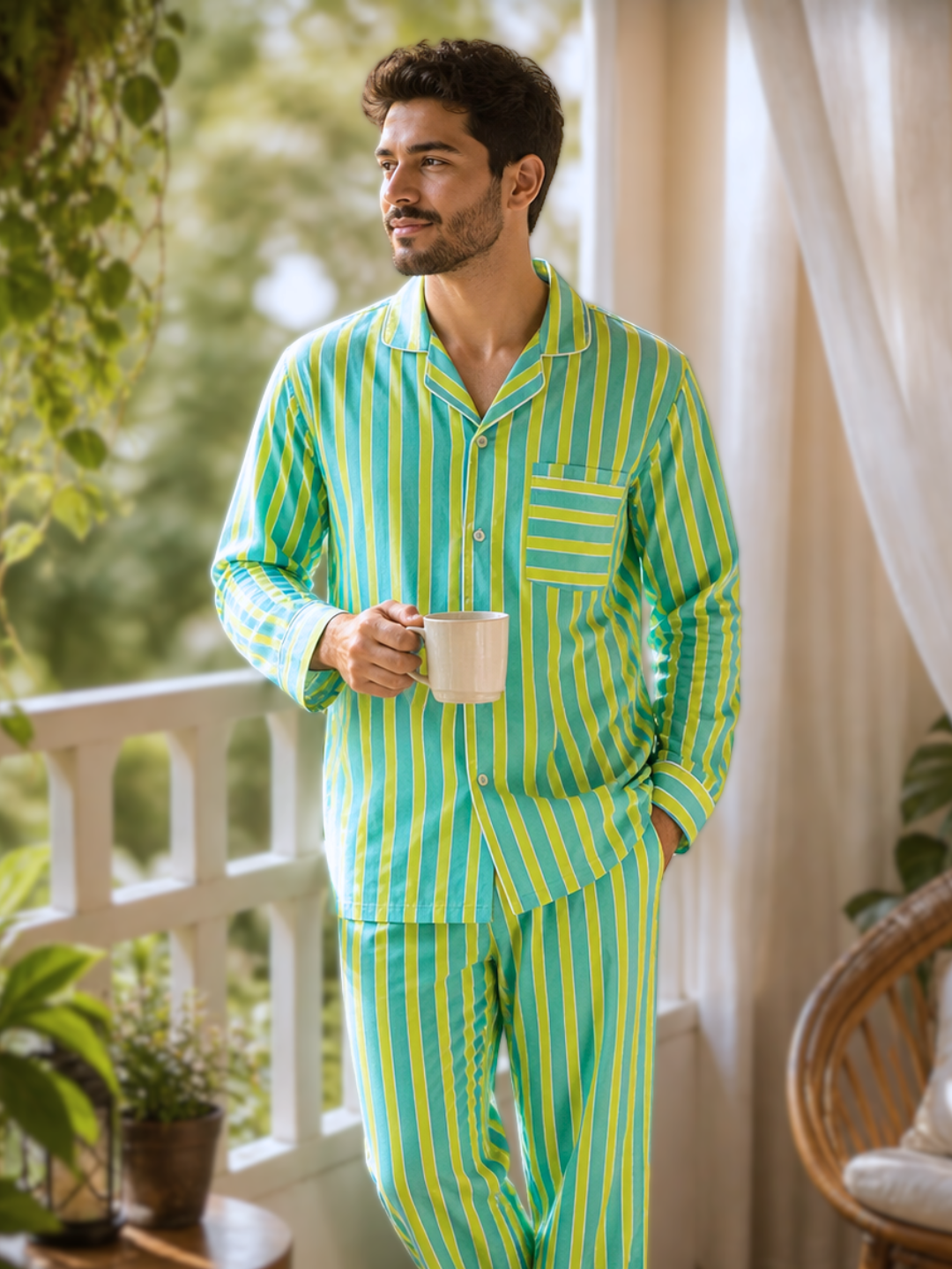Premium cotton men’s nightsuit pajama set in summery lime green and blue pinstripes, breathable sleepwear