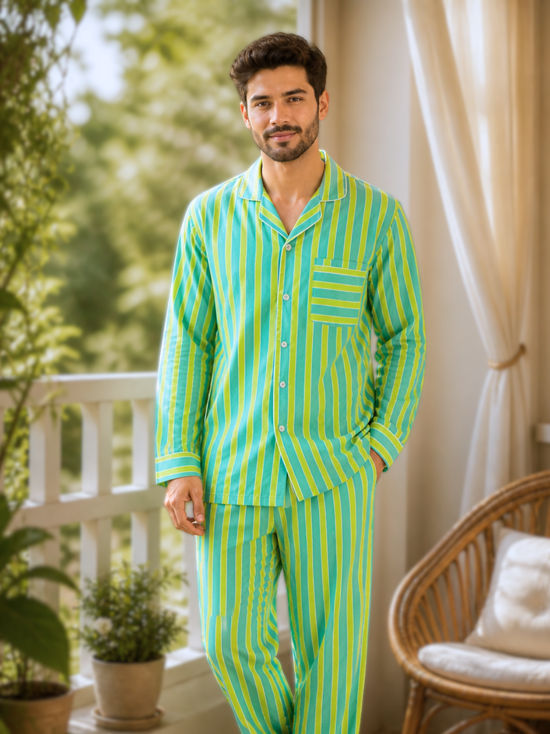 Premium cotton men’s nightsuit in lime green and blue stripes, soft airy nightwear