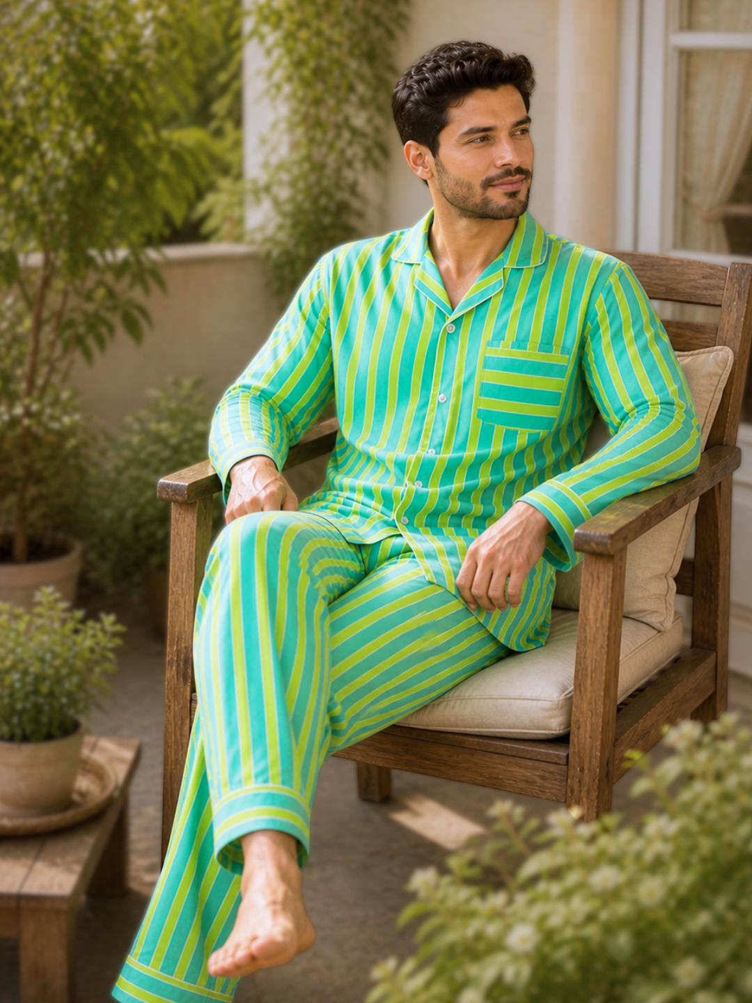 Lime green and blue pinstriped cotton men’s pajama set, lightweight summer nightsuit