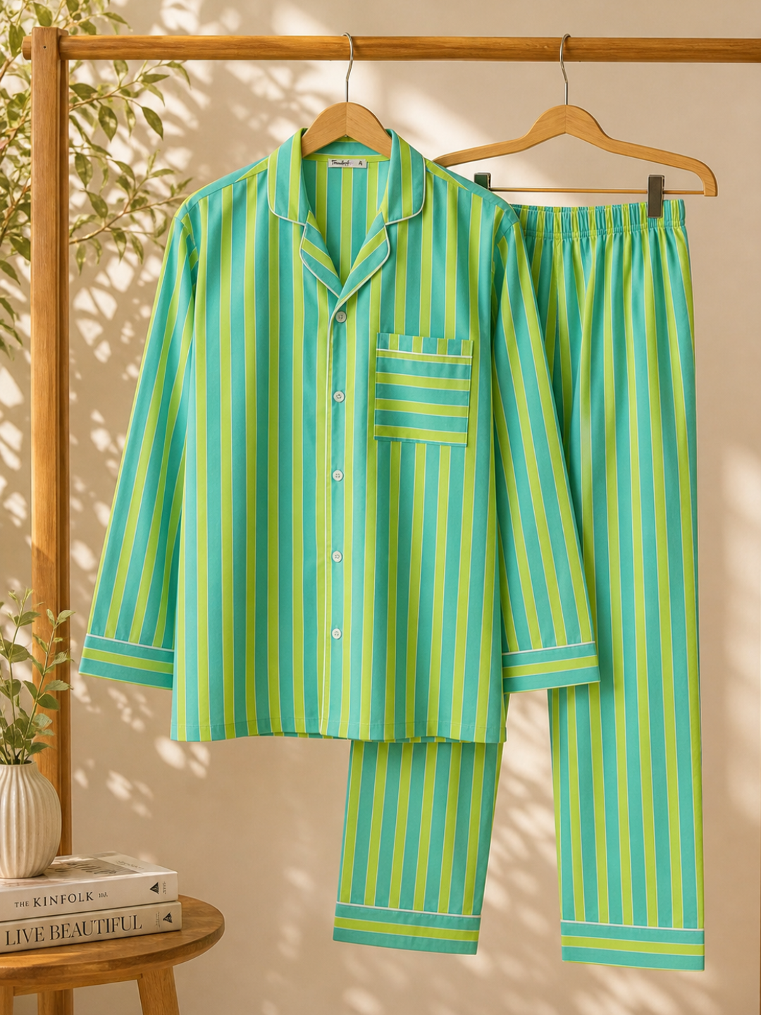 Men’s breathable cotton sleepwear set with lime green and blue pinstripes, comfortable summer pajama set