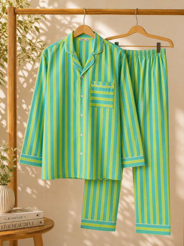 Men’s breathable cotton sleepwear set with lime green and blue pinstripes, comfortable summer pajama set