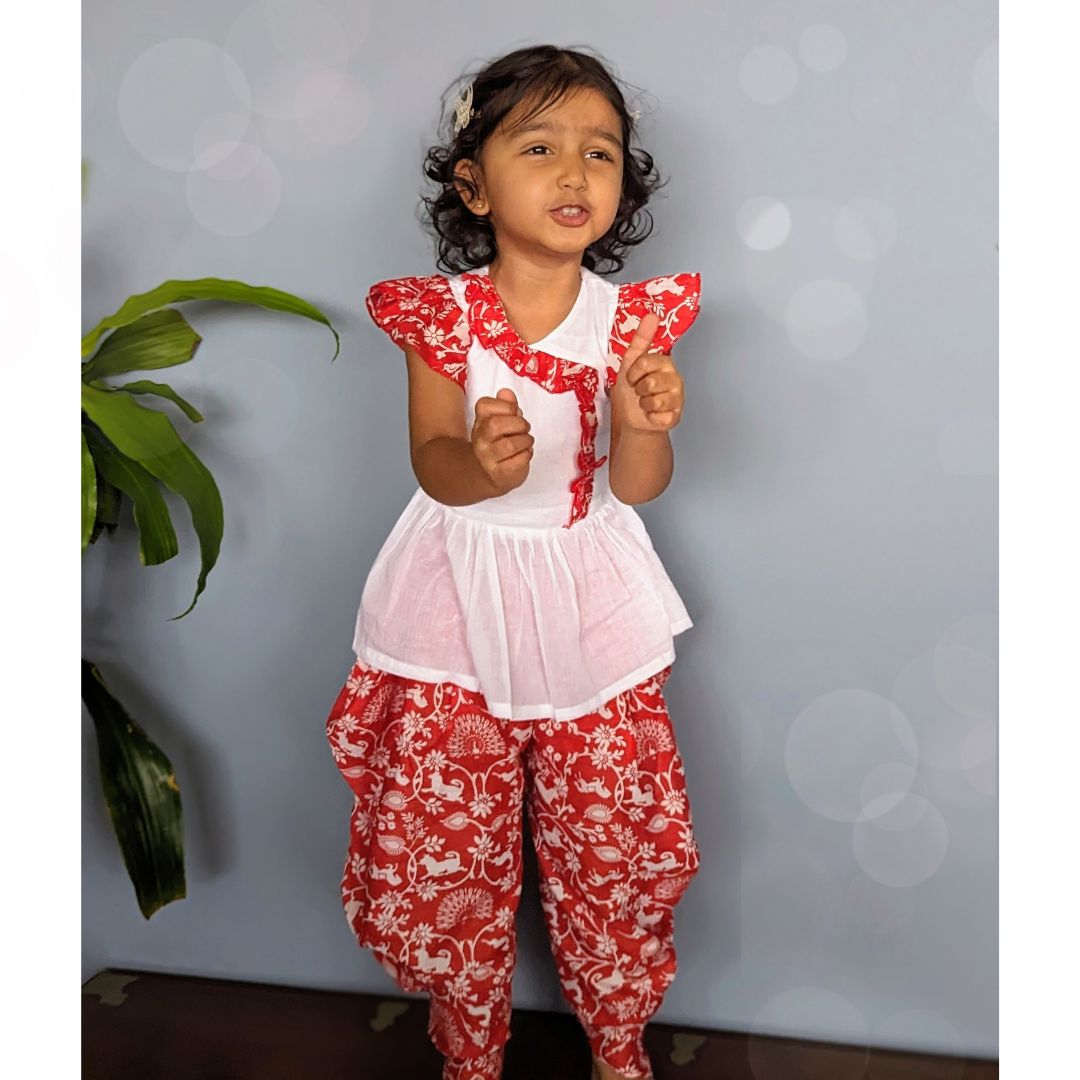 Ahhaaaa Cotton Jaipuri Print Frill Sleeves Frock Style Kurti with Dhoti  Salwar for Baby Girls - Walmart.com