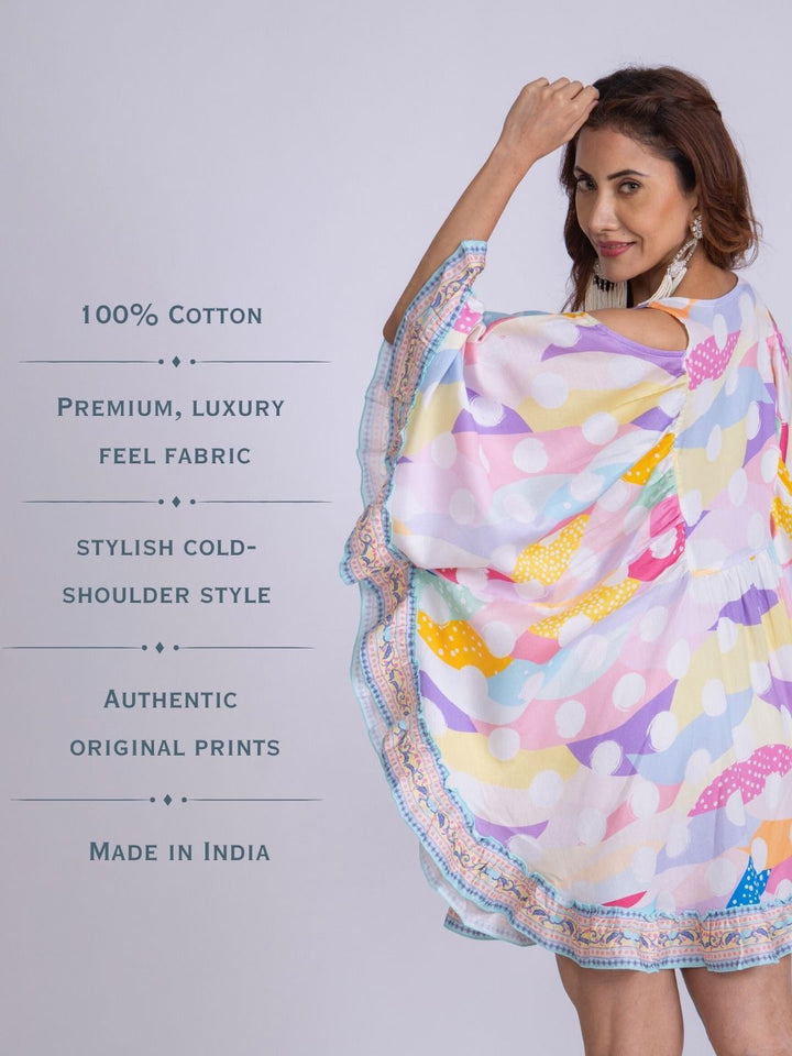 Women’s Cotton Cold-Shoulder Kaftan Dress – Pastel Polka Print | Flowy Summer Wear by Tura Turi
