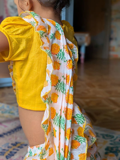 Prestitched Malmal Saree for Girls | Marigold