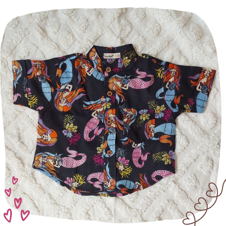 Mermaid Black men’s cotton shirt – ocean print summer shirt