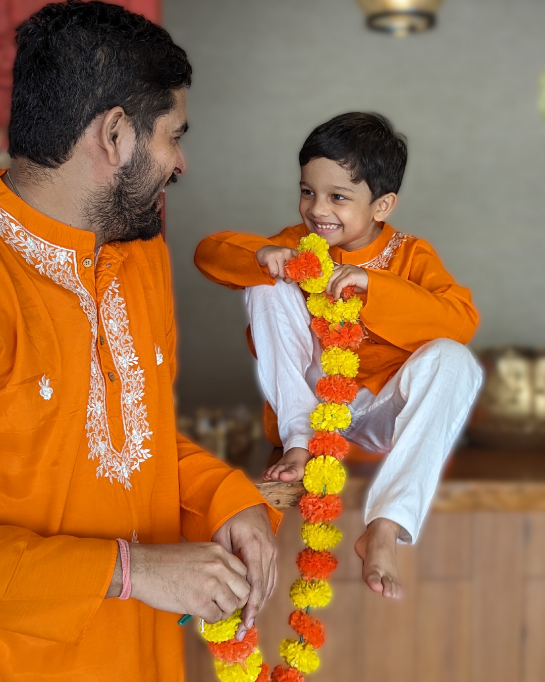Embroidered Viscose Silk Kurta for Boys, Men | Orange