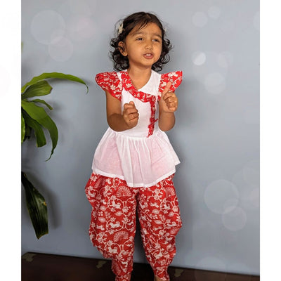 Kurti Top with Printed Dhoti | Shikargah Red & White