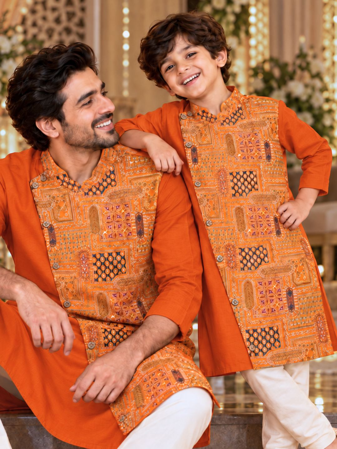 Orange Utsav cupro silk kurta with Mandarin collar, asymmetrical buttoned crossover front and wide multicolour embroidered panel – photo 1 – Tura Turi
