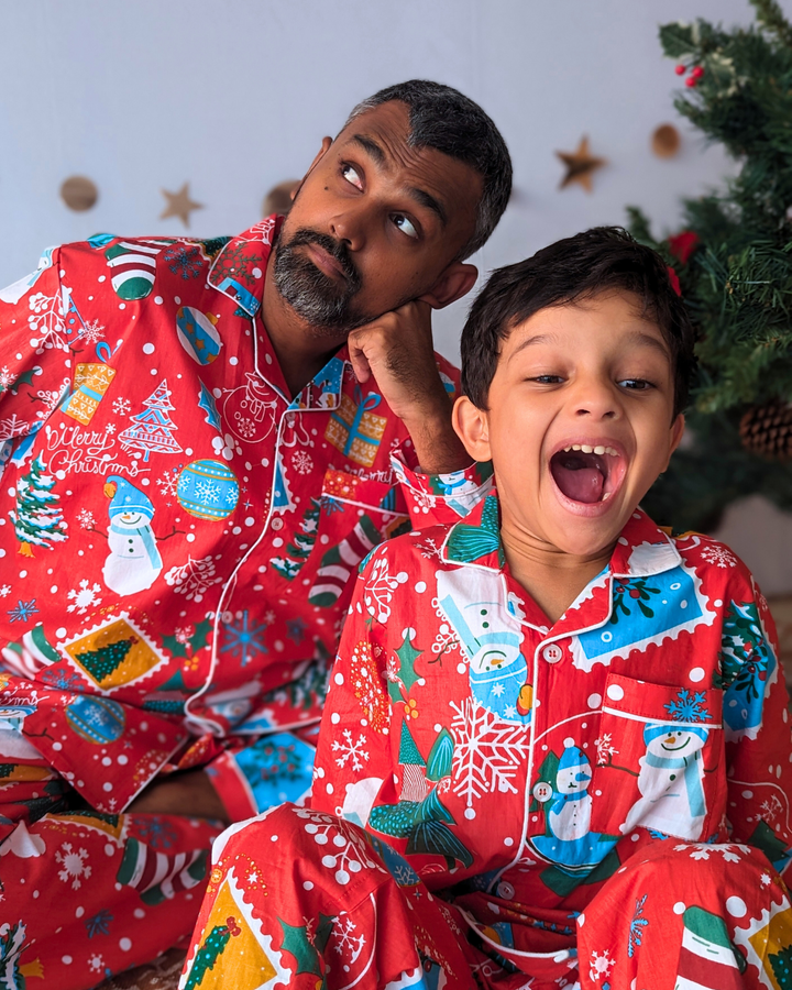 Cotton Night Suit, Men | Jingle Bells - Red