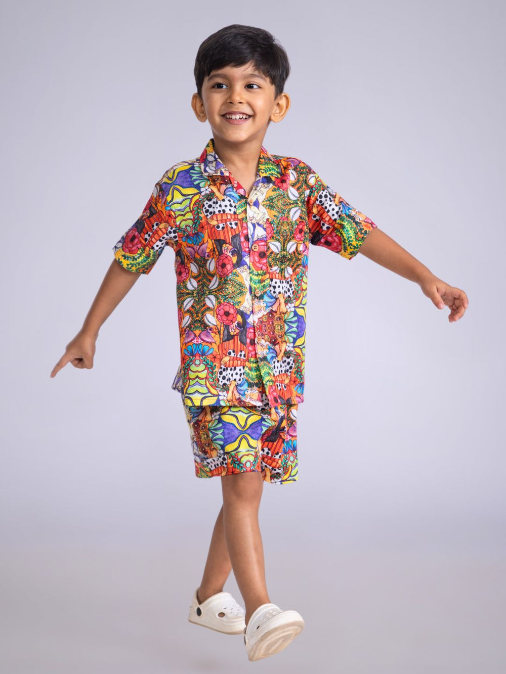 Boys' Cotton Shirt & Shorts Set – Ruby Print | Vibrant Summer Outfit by Tura Turi