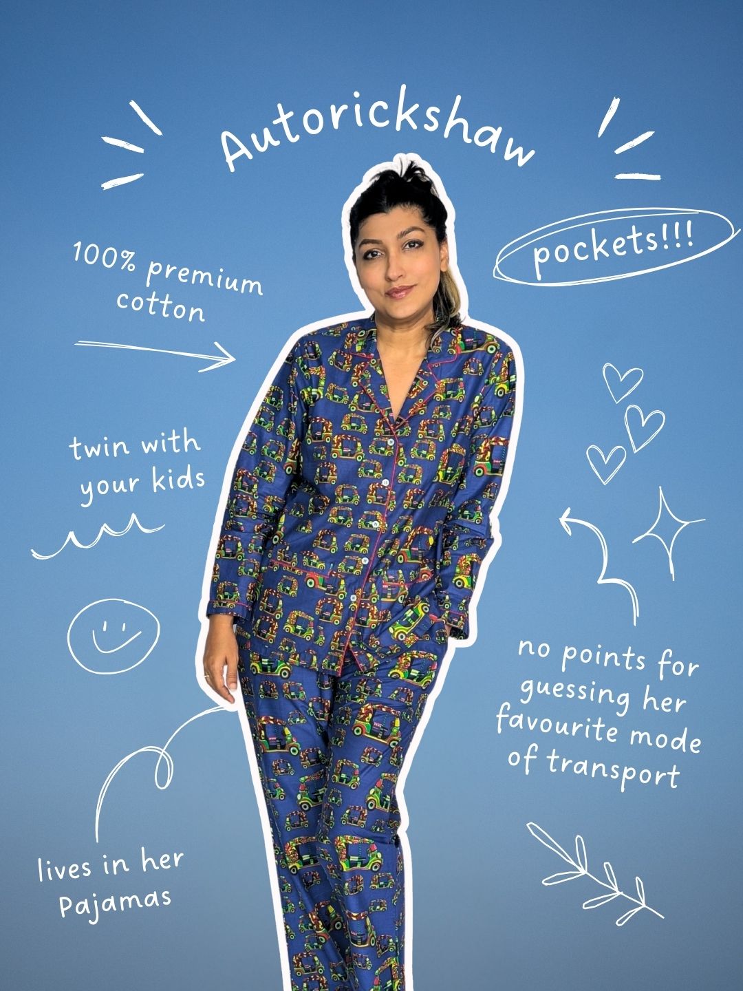 Autorickshaw print women’s cotton night suit – quirky loungewear by Tura Turi