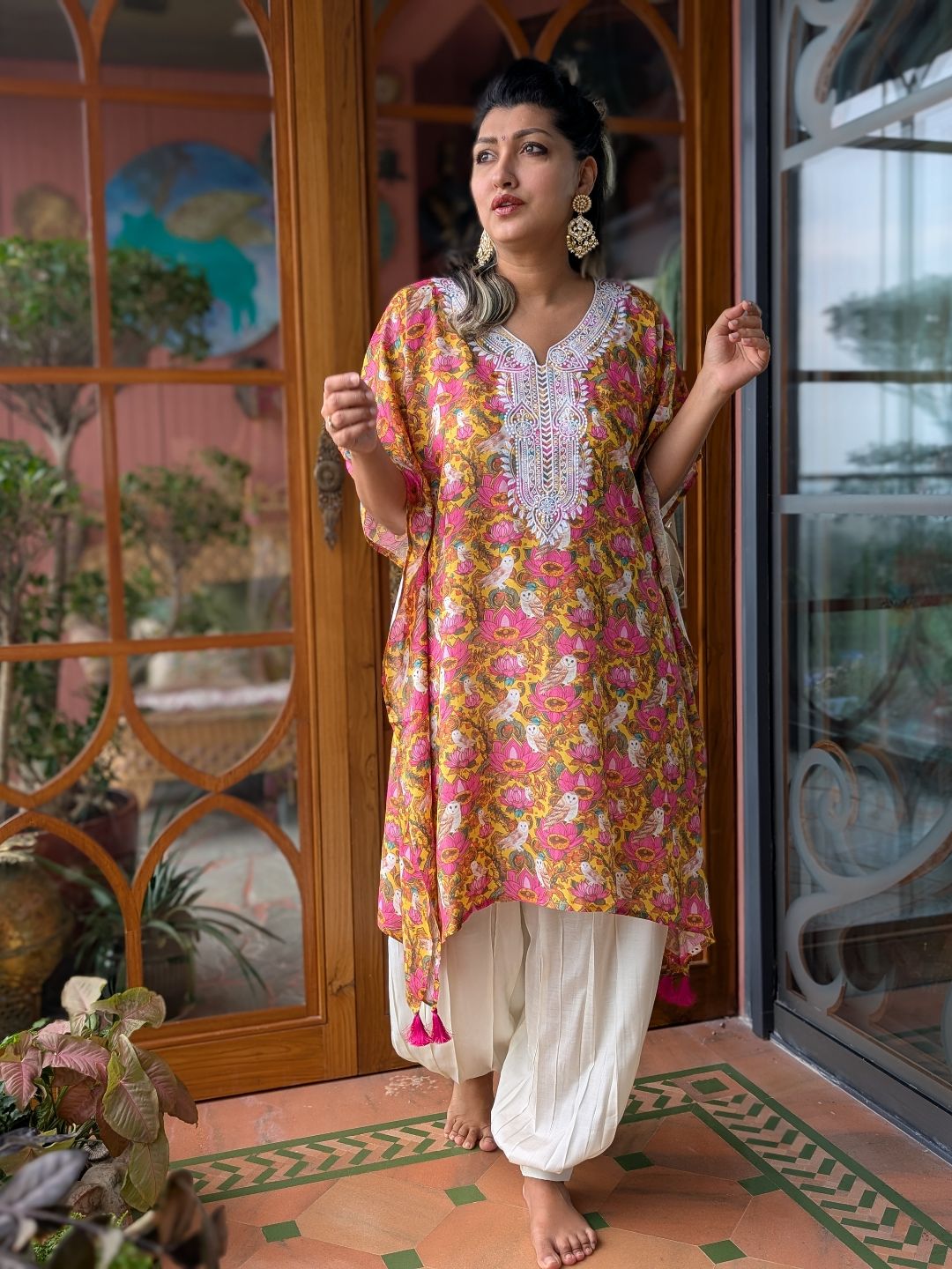 Embroidered Viscose Silk Kaftan with Afghan Pants | Kamala