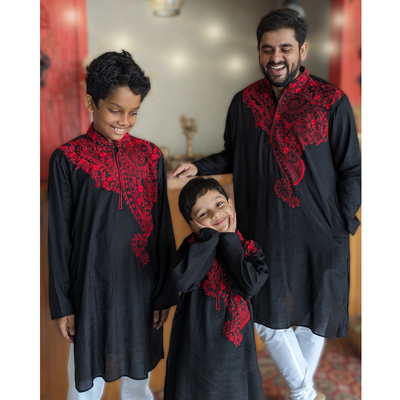 Embroidered Black Viscose Silk Kurta for Boys, Men
